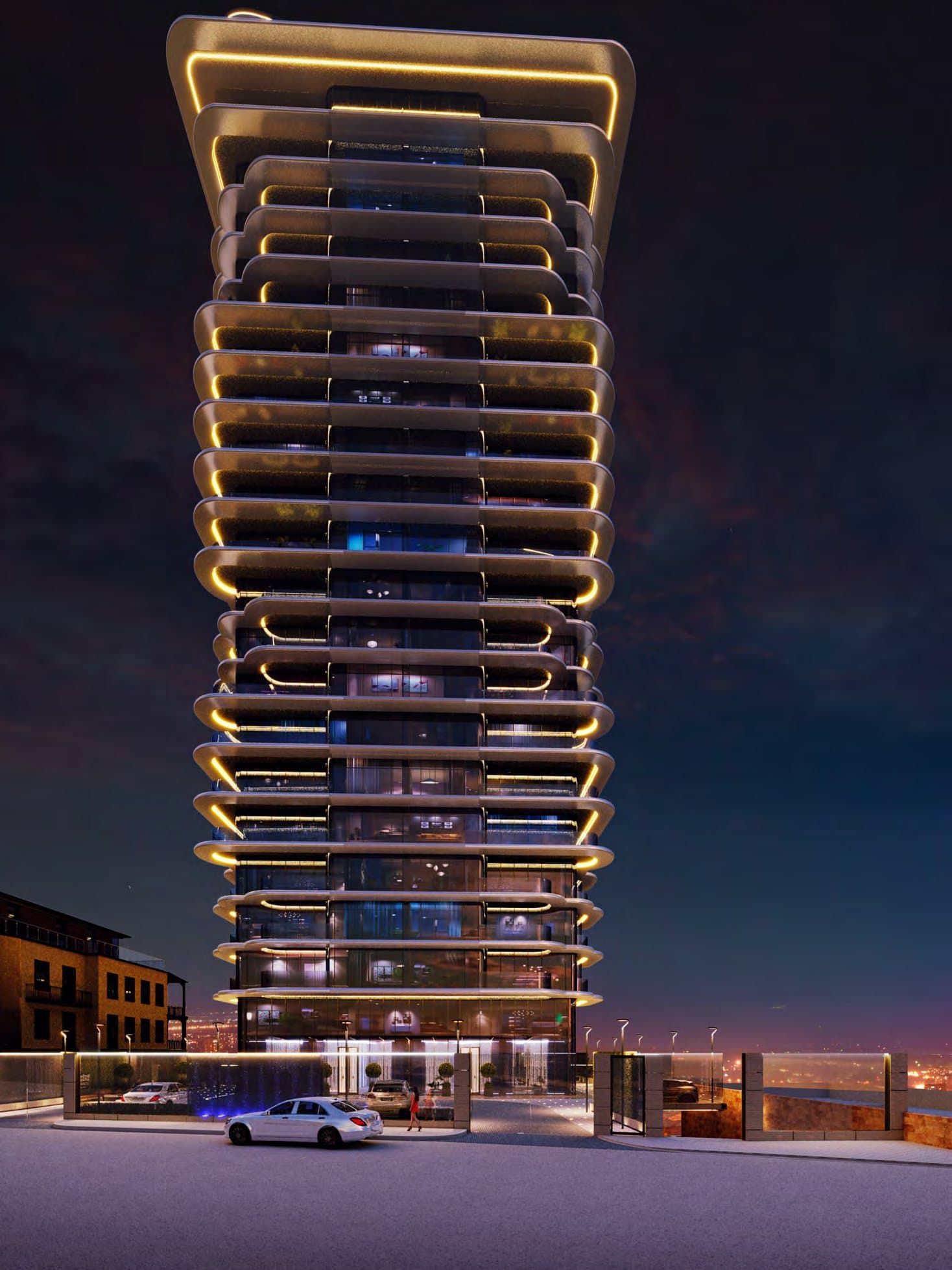 Parajanov Club House at night: balcony slab edge lighting