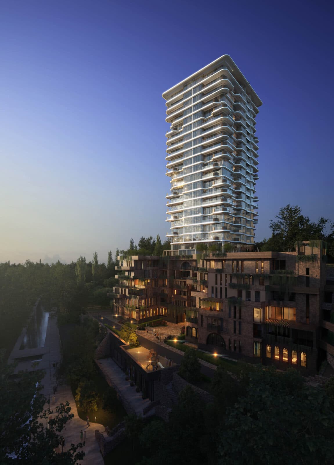 Parajanov Club House — the complex in full: tower and terraced architectural section